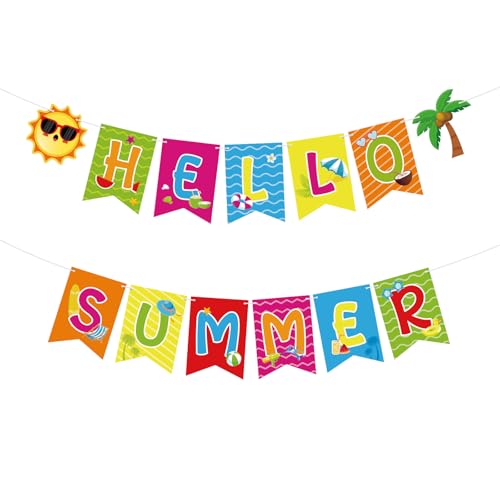 Atiloy Hello Summer Banner Colorful Summer Party Decorations Garland for Office Home Mantel Pool Party Garden Classroom Hanging Decorations