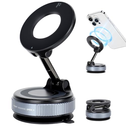 Axrye Vacuum Magnetic Phone Holder Foldable Car Phone Holder for Mag 360 Adjustable with Strong Suction Retractable Vacuum Suction Cup Phone Mount for Car/Gym/Mirror/Shower for iPhone & Android