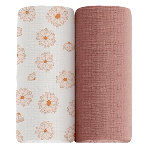 Image of meowcards Muslin Swaddle Blankets for Baby, Unisex Baby Boys Girls Essentials, Large 47 x 47 inches, Boho Receiving Blankets Newborn Registry Must Haves (Dusty Rose-Flower-A, Printed)