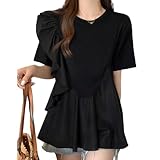 [CCGGOWMM] フリル袖tシャツ レディース シャツ ブラウス 異素材ミックス アシンメトリー 半袖 高見え 綿混 大人カジュアル トップス 可愛い ゆったり 通勤 春夏