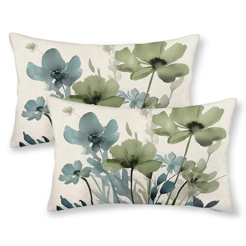 Floral Pillow Covers 12x20 Inches Set of 2 Sage Green Blue Floral Throw Pillow Covers Outdoor Spring Summer Flower Decoration Pillowcase Farmhouse Decorative Lumbar Cushion Cover For Home Sofa