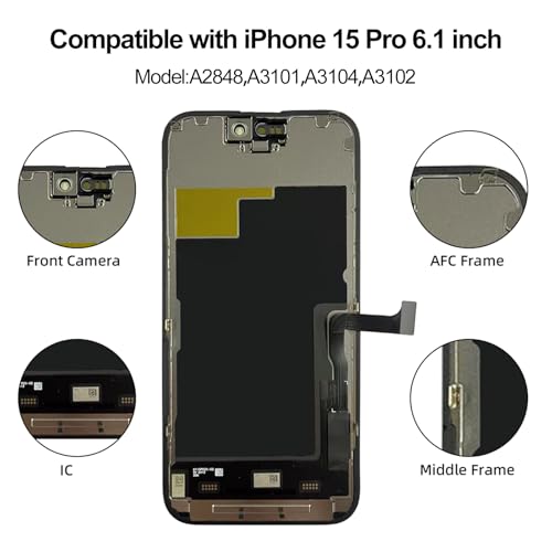 EFAITHFIX for iPhone 15 Pro Screen Replacement 6.1 Inch LCD 3D Touch Display Full HD Digitizer Frame Assembly (A2848, A3101, A3102, A3104) with Repair Tools Kit Screen Protector Waterproof Adhesive