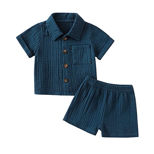 Image of Baby Boys Clothes Set Toddler Infant Boys Button-down Shirt Tops + Cotton Gauze Shorts Summer Outfit 2PCS with Pockets