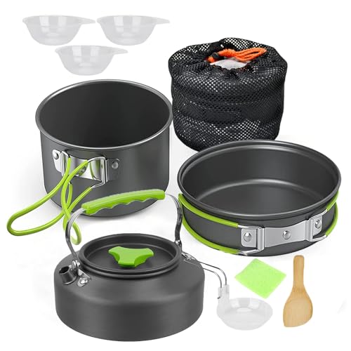 Utensilios Cocina Camping Kit, 10 Artículos Sartén para Acampar, con Bolsa con Cordón, para Exterior, Camping, Picnic (2 a 3 Personas)