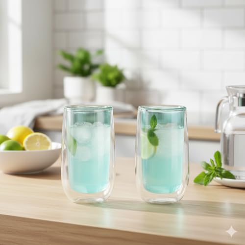 Image of The Better Home Zest Double Wall Borosilicate Glass Coffee Mug | Cups Set of 2-240ml Each | High Thermal Resistance | Microwave & Dishwasher Safe | Gifting Pack for Friends /Family /Couples | Green