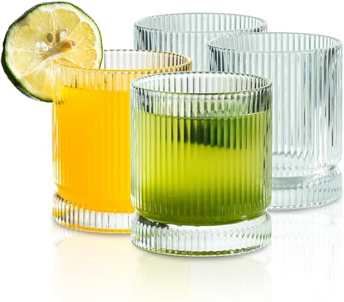 4er Set Geriffelte Gläser Kaffeegläser Wassergläser, Vintage Gerippte Cocktailgläser Trinkgläser Eiskaffee Gläser Latte Gläser, Origami-Stil Longdrinkgläser Für Milch/Eiskaffee/Whisky/Tee (380ML)