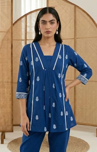 Image of Women's Pure Cotton Kurta Sets for Woman, Schiffli Embroidered Co ord Set for Women Stylish, Kurti Set for Woman, Ethnic Short Kurti and Pant Set