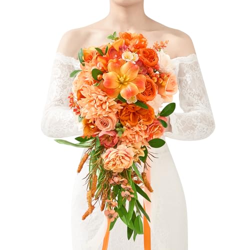 Serwalin 11 Inch Wedding Bouquets for Bride Bridesmaid,Fall Cascading Orange