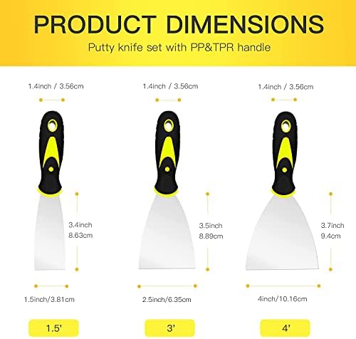 Wallpaper Scraper, 3 Pack Stainless Steel Paint Scraper Tool Set with Plastic Handle, Filling Putty Knife for Cleaning, Decorating, DIY, Removing (1.5 2.5 4 Inches)