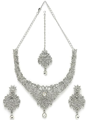 Sukkhi Luminous Rhodium Plated Silver AD White Stone Collar Bone Necklace Set With Earring And Maangtika | Jewellery Set For Women (NS105667)