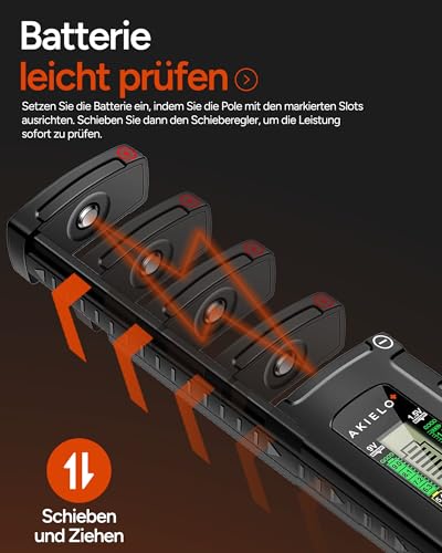 AKIELO+ Digitaler Batterietester (2er-Pack) mit LCD Anzeige – Universal Batterie Tester & präzises Batterieprüfgerät für Haushalt – Für AAA, AA, C, D, 9V & 1,5V Knopfzellen 3