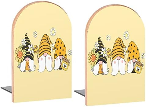 Cute Sunflower Bee Gnomes Book Ends Decorative Wood Bookends for Shelves Kids Room Desk Home Office Book Stoppers for Magazines,Books, DVDs, 1 Pair/2 Pieces(5x3.1 in)