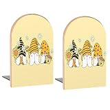 Cute Sunflower Bee Gnomes Book Ends Decorative Wood Bookends for Shelves Kids Room Desk Home Office