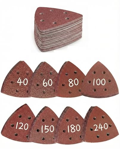Delta Schleifpapier Set 50 Stück 80 Körnung 6 Loch 93x93x93mm Klett dreieckig für Dreieckschleifer Deltaschleifer Schleifdreiecke für Holz plus andere Materialen