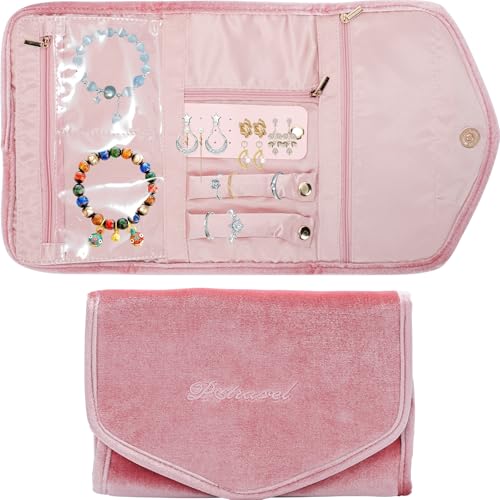 Lancry Travel Jewellery Organiser,Foldable Velvet Jewellery Pouch Bag Jewelry Storage Roll for Journey-Rings, Necklaces, Bracelets, Earrings for Women Girls (Pink)