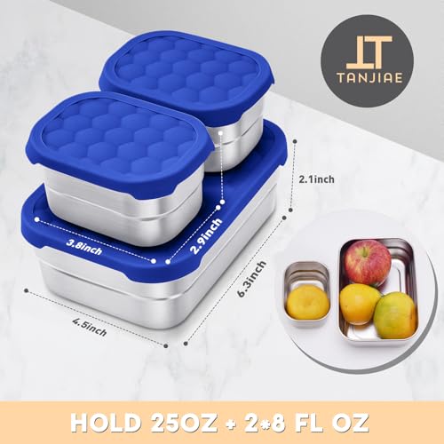 Image of Tanjiae 3 CUP+1 CUP Stainless Steel Lunch Snack Containers Set | Leak Proof 304 Stainless Steel Food Containers with Silicone Lids - Perfect Metal Lunch Box for Home and Travel (25oz+8oz*2)