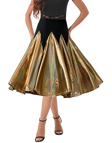 Victray Women's Dance Skirts Latin Dance Skirt Swing Ballroom Skirt Party Pleated Skirt Costume (Gold) #TOP20