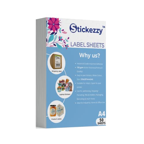 Image of A4 Size White Multipurpose Sticker Paper 150 GSM - Maplitho-Paper finish for Shipping Labels /DIY Stickers Printing (Inkjet, Copier & Laser Printer) (50 Sheets)
