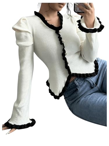 Image of SweatyRocks Women's Elegant Sweater V Neck Long Puff Sleeve Knitted Pullover Tops Beige Medium