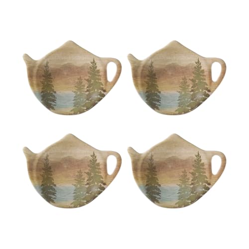 Supreme Housewares Pine Tree Tea Bag Holders, Teapot Shaped Tea Bag Coasters Spoon Rests Saucer Seasoning Dish Set, Brown, 4 x 3 Inch, Set of 4
