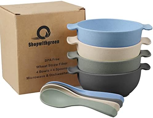 shopwithgreen Unbreakable Kids Bowls -Microwave Dishwasher Safe- Wheat Straw Snack Bowl Sets for Kids and Toddler-4 Bowls and 4 Spoons, Lightweight and Durable ( Small )
