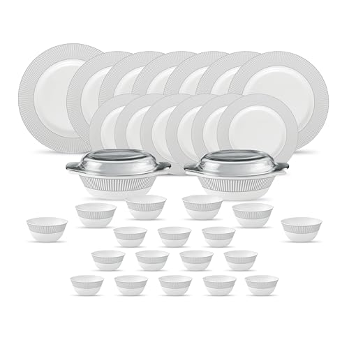 La Opala Diva Velvett Collection Opal Glass Crockery | for Family of 6 | Dinner Set 35 pcs Imperial Grey | Plates & Bowls for Dining | Microwave Safe | 100% Vegetarian | Extra Strong | Light & White