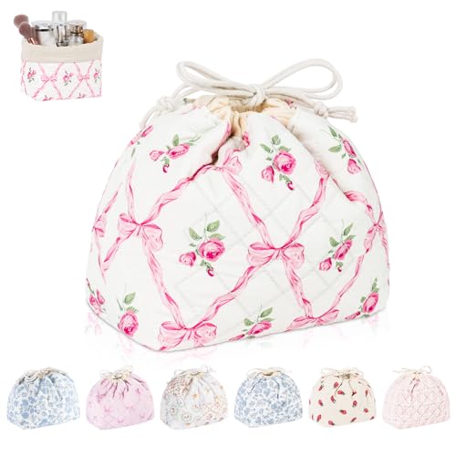 Playexen Quilted Drawstring Makeup Bag, Coquette Small Cosmetic Bag for Purse, Portable Cute Travel Makeup Pouch for Women Daily Use, Birthday/Party/Christmas Gifts (Bow+Floral)