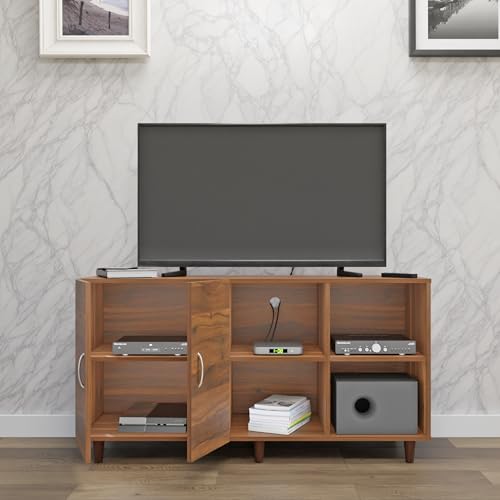 Image of VIKI Modern TV Unit for Living Room | Engineered Wood TV Cabinet with 2 Door Storage & 2 Open Shelves, Set Top Box Stand, Entertainment Unit, 140W x 74H x 40D cm | DIY | 1 Year Warranty (Walnut)
