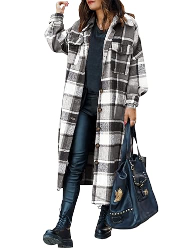 SKIKYAN Women Fall Flannel Plaid Shacket Jacket Oversized Button Down
