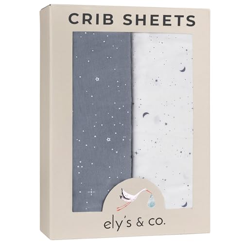 Image of Ely’s & Co. Crib Sheets, Baby Boy Fitted Crib Mattress Sheet Set, 2 Pack, 100% Jersey Knit Cotton, Infant and Toddler Nursery Bedding, Celestial Blue Print, 28” x 52”