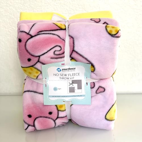 YourFleece Elephants No-Sew Throw Fleece Fabric DIY Blanket Making Kit, Make Your Own, Anti-Pill, Pink, 50x60 inches