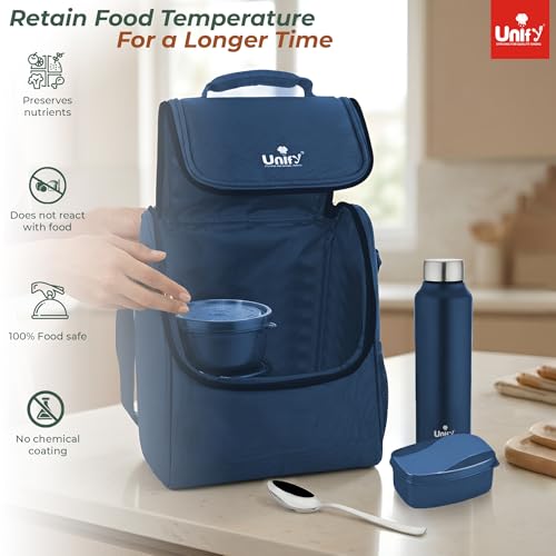 Image of Unify MealMate Lunch Box with 3 Microwave Safe Inner Steel Containers (500ml, 350ml, 200ml), 130ml Plastic Chutney Dabba, Water Bottle 750ml & Spoon | Office Tiffin with Insulated Bag, Blue