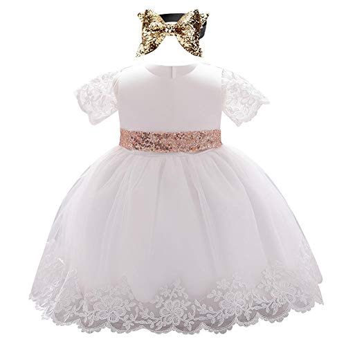 Lace Flower Girls Tutu Dress for Kids Baby Christening Baptism Communion Birthday Party Formal Dress Toddler Sequins Princess Wedding Bridesmaid Pageant Prom Gown with Bow Headband White 18-24 Months