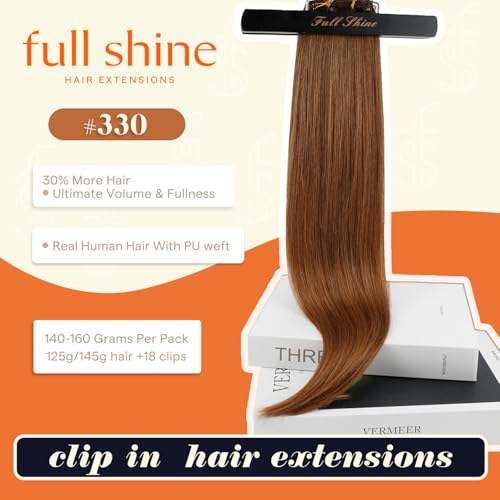 Image of Full Shine Seamless Clip in Human Hair Extensions, Copper 160g 22 Inch | Invisible PU Weft Clip-Ins for Women, Dense Volume for Medium to Thick Hair, Full Head Coverage, Heat-Styling Friendly, 8 Pcs