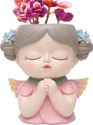 Image of Angel Planter Pink Cute Succulent Pot, Decorative Girl Face Resin Planter with Flower Holder, Vintage Indoor Outdoor Plant Pot for Home Garden Office Desk Decoration Gift