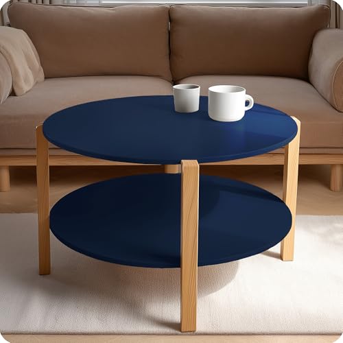 POSNORD Table Basse Ronde Bleu Marine 75 cm – Plateau en MDF avec 3 Pieds en Bois de Hêtre, Design Scandinave Compact Idéale pour Salon, Séjour et Chambre
