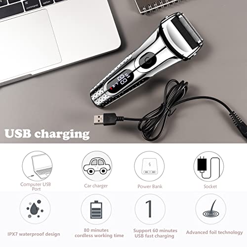 Electric Razor For Men, Men's Foil Shaver,Wet/Dry Ipx7 Waterproof Electric Shavers For Men With Pop-Up Beard Trimmer,Cordless Rechargeable Mens Razor With Leather Travel Case-Silver #TOP4