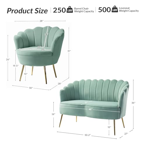 Image of HULALA HOME 3 Piece Velvet Living Room Furniture Set, Including Loveseat & 2 Sofa Chairs, Modern Comfy Upholstered 2-Seater Sofa & Accent Chair Set for Bedroom, Flower Shaped Back & Gold Legs, Sage