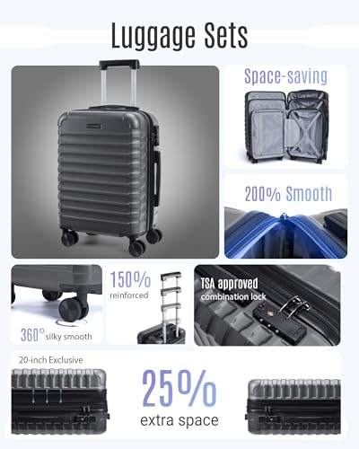 LIGHT FLIGHT Luggage Sets, 3 Piece Durable Suitcase Set with Spinner Wheels, 3 Pcs Hardside Lightweight luggage with TSA Lock, Large Checked Travel Suitcases, 20/24/28 Inch, Gray