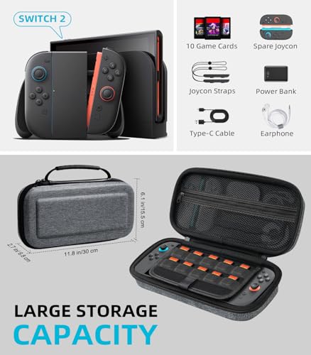 Image of TiMOVO Carrying Case for Nintendo Switch 2 (2025), Gray | Large Capacity, Hard Shell Protective, 10 Game Card Slots, Pockets for Console & Accessories, Portable Travel Pouch