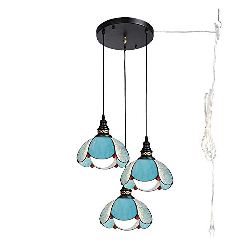 ANYE Tiffany 3-Lights Pendant Lighting 15Ft Plug in Cord E26 Lamp Socket Mediterranean Retro Style Blue Pendant Ceiling Light for Restaurant Dining Room Loft Deco Bulb Not Included