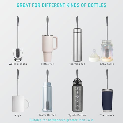 Image of 15.7 inch Silicone Bottle Brush, ddLUCK Water Bottle Cleaner Brush for Stanley, Hydroflasks, Glass, Thermos Sports Bottle, Vase and Glassware, Bottle Brush Cleaner for Small Narrow Neck Containers (Gray)