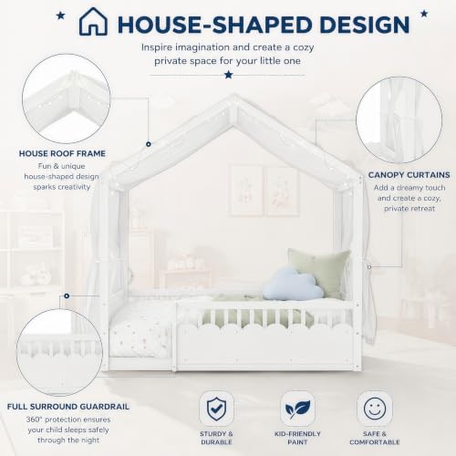 Image of Bellemave Full House BedFrame with Canopy, Montessori House Bed with LED and Bookshelf and Rails for Kids, White
