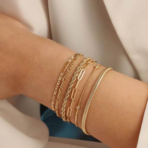 Gold Bracelets for Women, 14K Gold Plated Jewelry Set Stackable Bracelets Dainty Layered Trendy Waterproof Link Chain2
