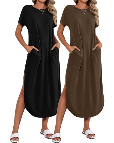 Image of Riyiper 2 Pieces Women's Short Sleeve Maxi Dress Round Neck Casual Loose Split Long Summer Beach Shirt Dress with Pockets