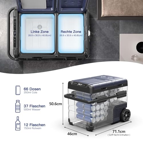 Foto von BODEGAEU 45L Kompressor Kühlbox, Auto Kühlbox Mit USB-Anschluss, Zwei Zonen und Doppeltüren, Elektrische Kühlbox bis -20 °C für Auto, LKW, Boot, Reisemobil,Camping