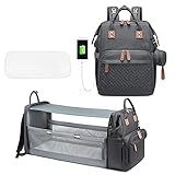 SONARIN Mochila de Pañales para Bebé con Cuna Plegable,Bolsa de Pañales Multifuncional Bolsa de Viaje para Pañales Bolsa para Cochecito con Cambiador Bolsa de Chupete y Puerto USB(Gris)