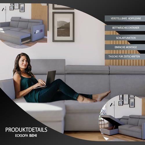 GREKPOL Sofa mit Schlaffunktion 160x220 - Hellgrau Sofa Cord - Ecksofa mit Schlaffunktion und Bettkasten - Schlafsofa mit Bettkasten
