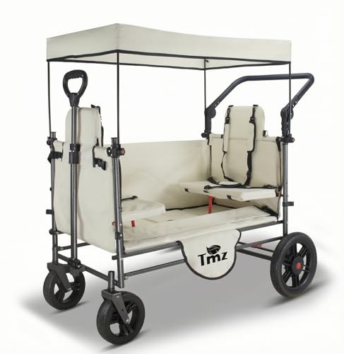 Image of TMZ Collapsible Wagon Cart with Side-Opening Seat Conversion Design, Foldable Utility Wagon with 2 Seats, Heavy Duty Wagon 265 lbs Load Capacity (Beige)