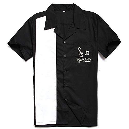 Candow Look Embroidery 50s Mens Rockabilly Vintage Bowling Shirts Black&White Rock n Roll